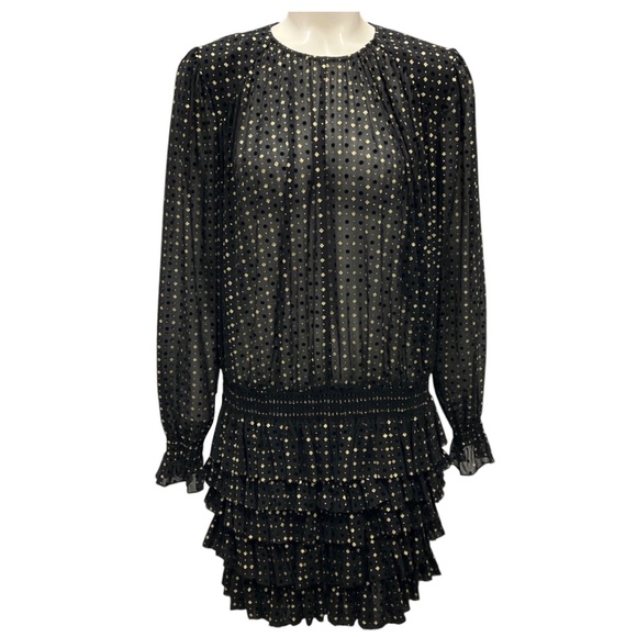 SAINT LAURENT BLACK / GOLD 2019 RUFFLED LONG SLEEVED SILK MINI DRESS - Picture 1 of 7
